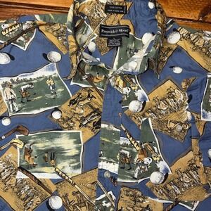 Vintage Preswick & Moore Golf Button Shirt Men Large Blue Novelty AOP Print SS